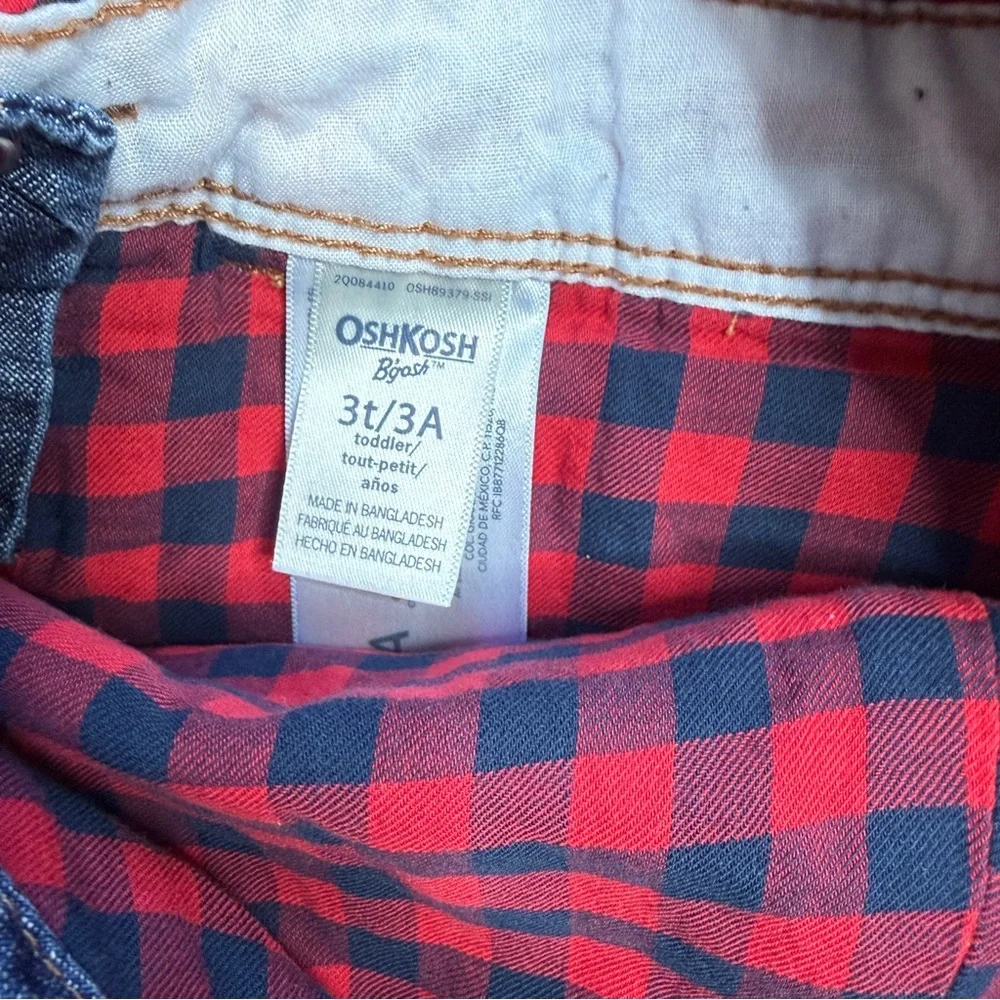 OshKosh B'gosh Girls Ruffled Pocket Soft Blue Denim Overalls Plaid Interior 3T